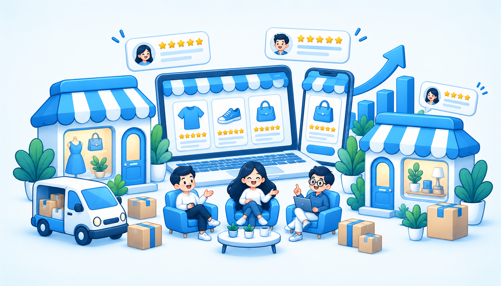 Клиенты Hooglink в креслах среди магазинов, интернет-витрин и графиков роста